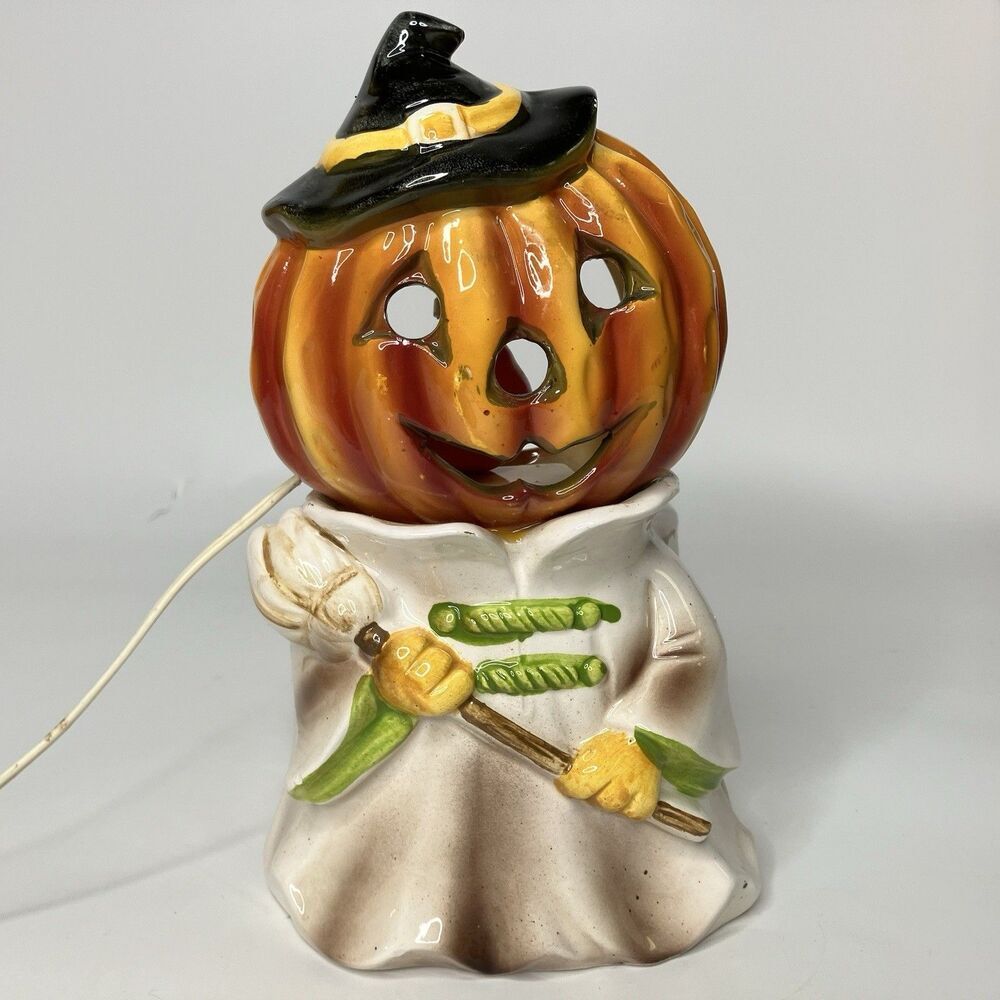 Vintage Relpo Halloween Ceramic Planter Jack O Lantern Scarecrow Lighted CRACKED
